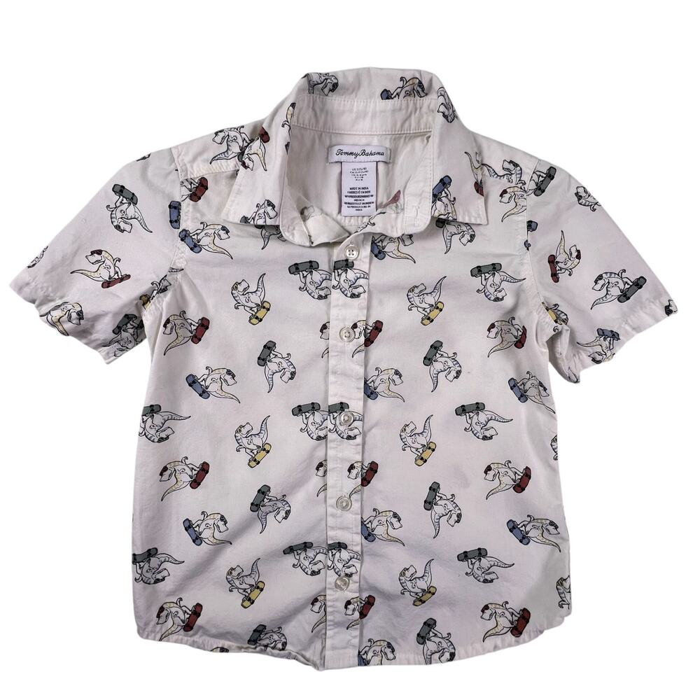 Tommy Bahama T-Rex Dinosaur Shirt Boys S Skateboarding Dino Cotton Button Up AOP
